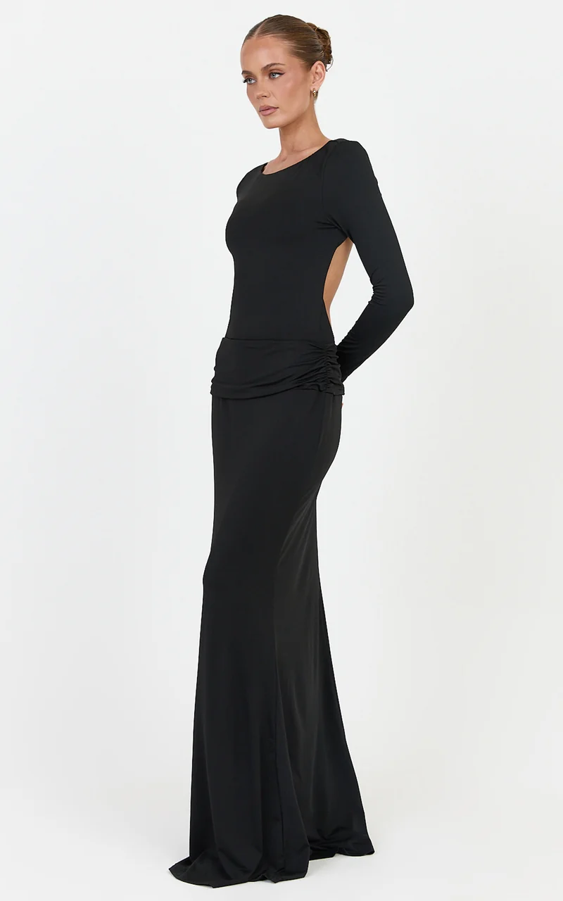 Maud Maxi Dress - Long Sleeve Open Back Dress With Hip Ruching Detail in Black