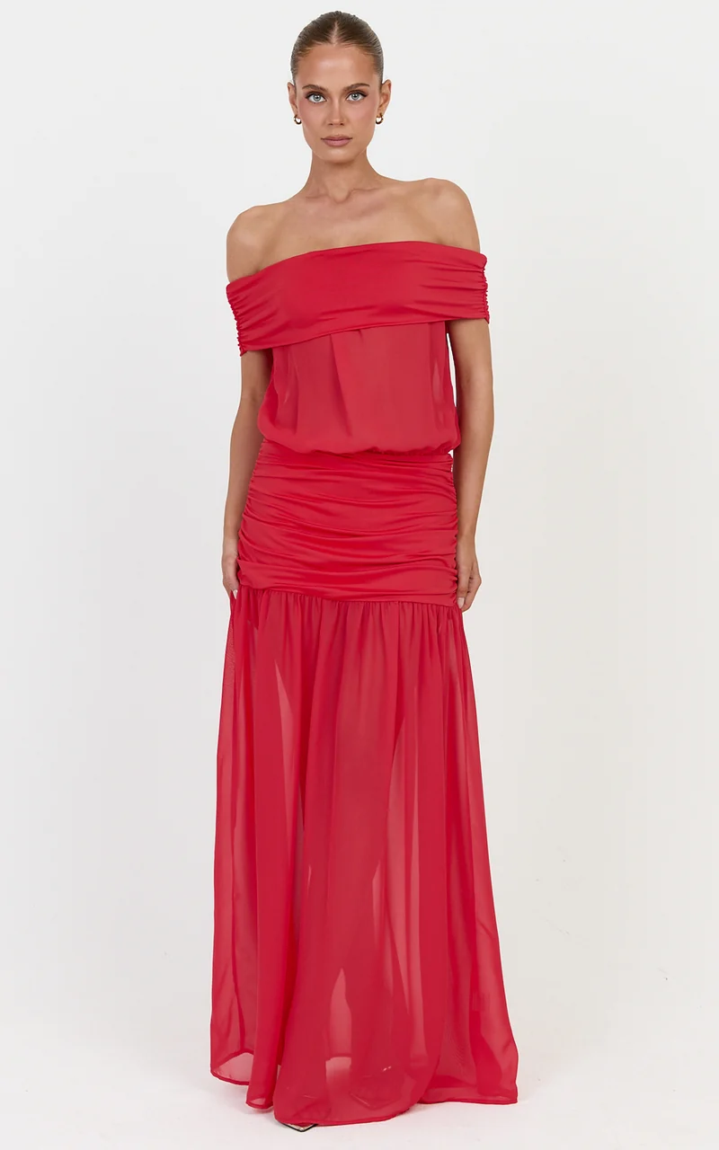 Rafaela Maxi Dress - Off The Shoulder Dropped Waist Dress in Red