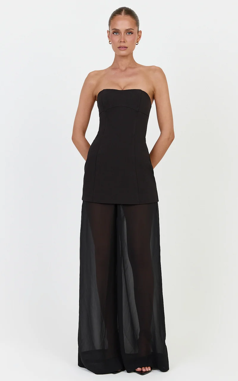 Colette Two Piece Set - Strapless Longline Top And Sheer Wide Legged Pant Set in Black