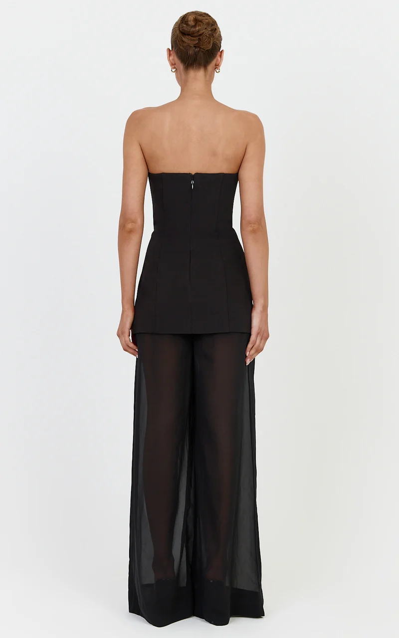 Colette Two Piece Set - Strapless Longline Top And Sheer Wide Legged Pant Set in Black