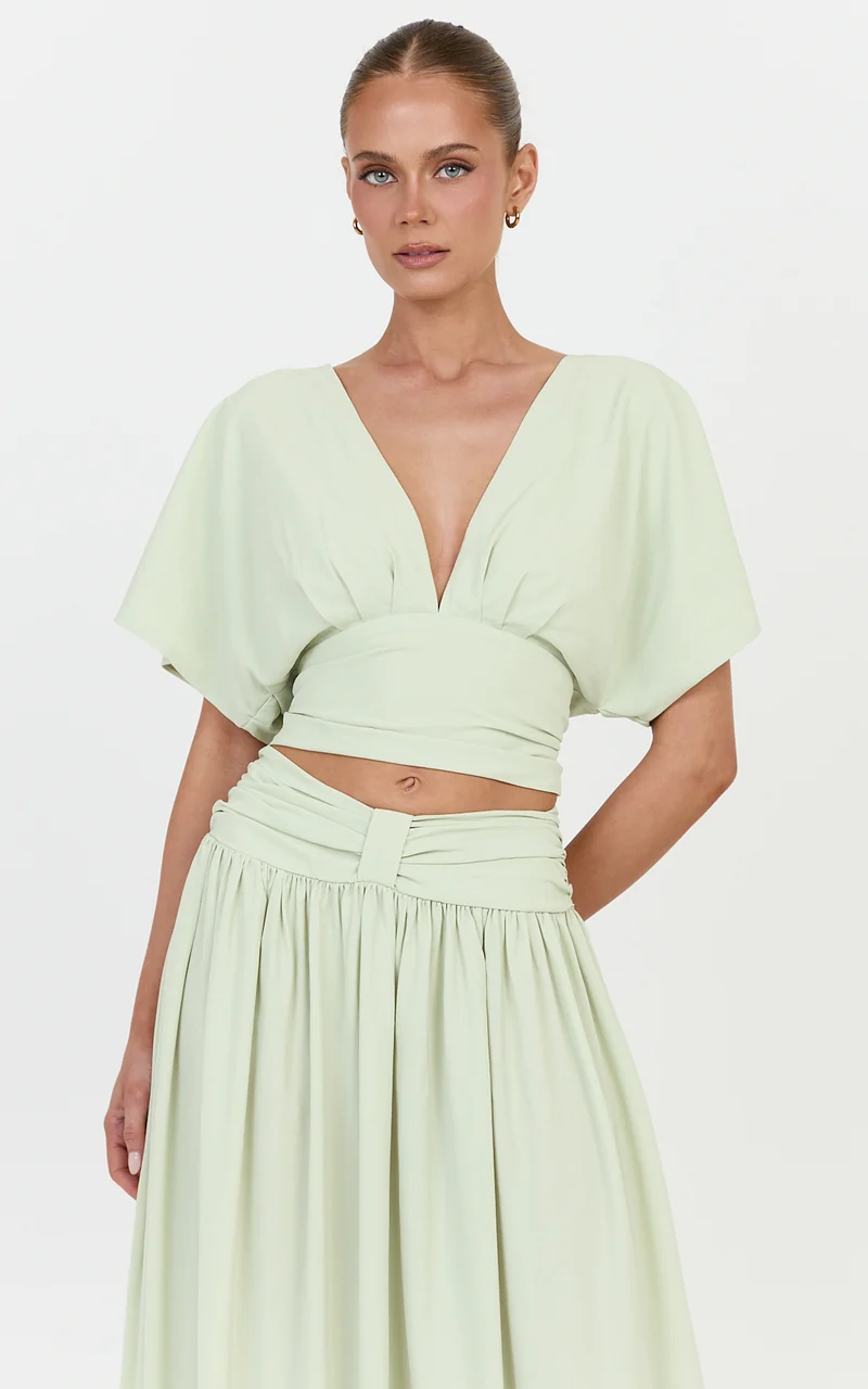 Jade Top - Wide Sleeve Plunge V Neck Tie Back Top in Pistachio