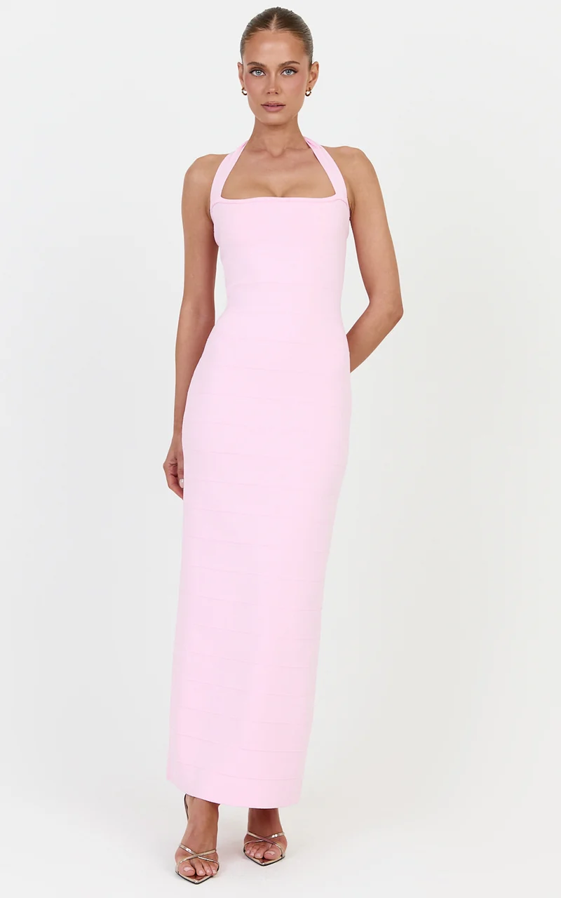 Scarlett Midi Dress - Halter Neck Bandage Knit Dress in Pink