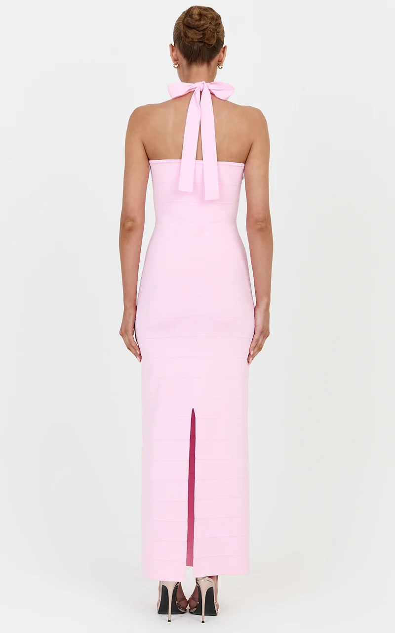 Scarlett Midi Dress - Halter Neck Bandage Knit Dress in Pink