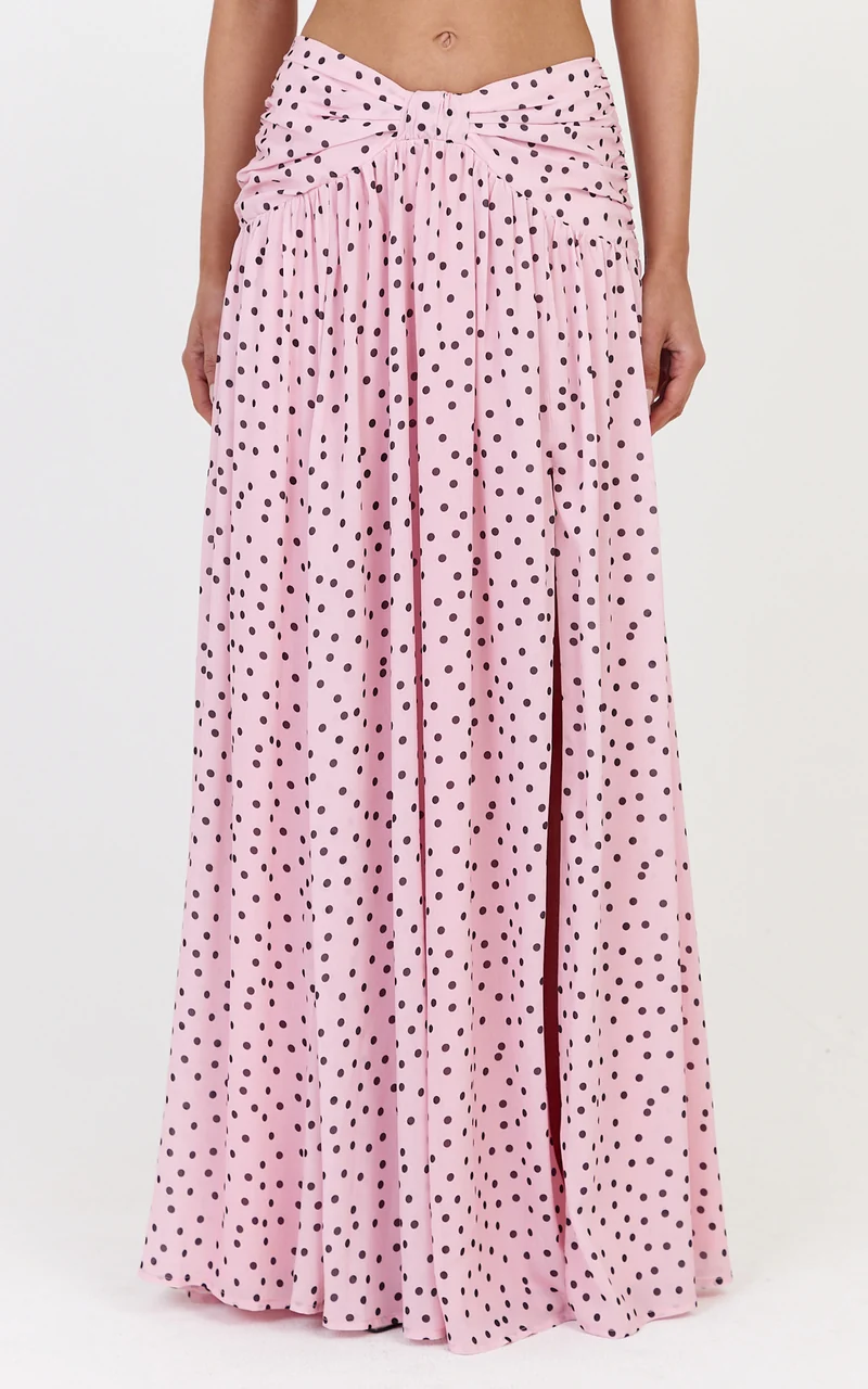 Livia Maxi Skirt - Gathered Waist Knot Detail Split Leg Skirt in Blush Scattered Polka Dot Print