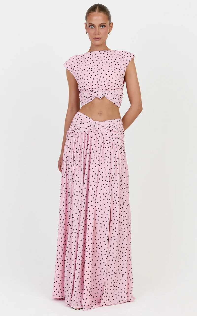 Livia Maxi Skirt - Gathered Waist Knot Detail Split Leg Skirt in Blush Scattered Polka Dot Print