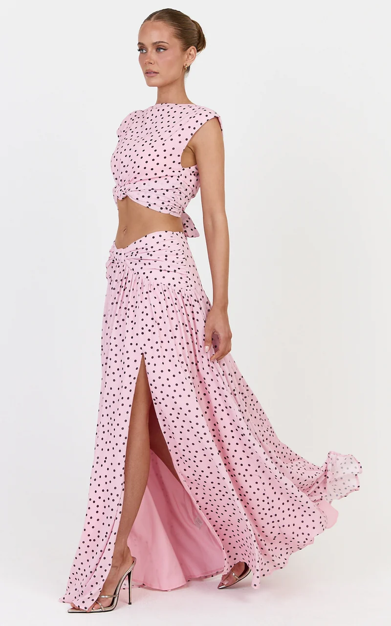 Livia Maxi Skirt - Gathered Waist Knot Detail Split Leg Skirt in Blush Scattered Polka Dot Print