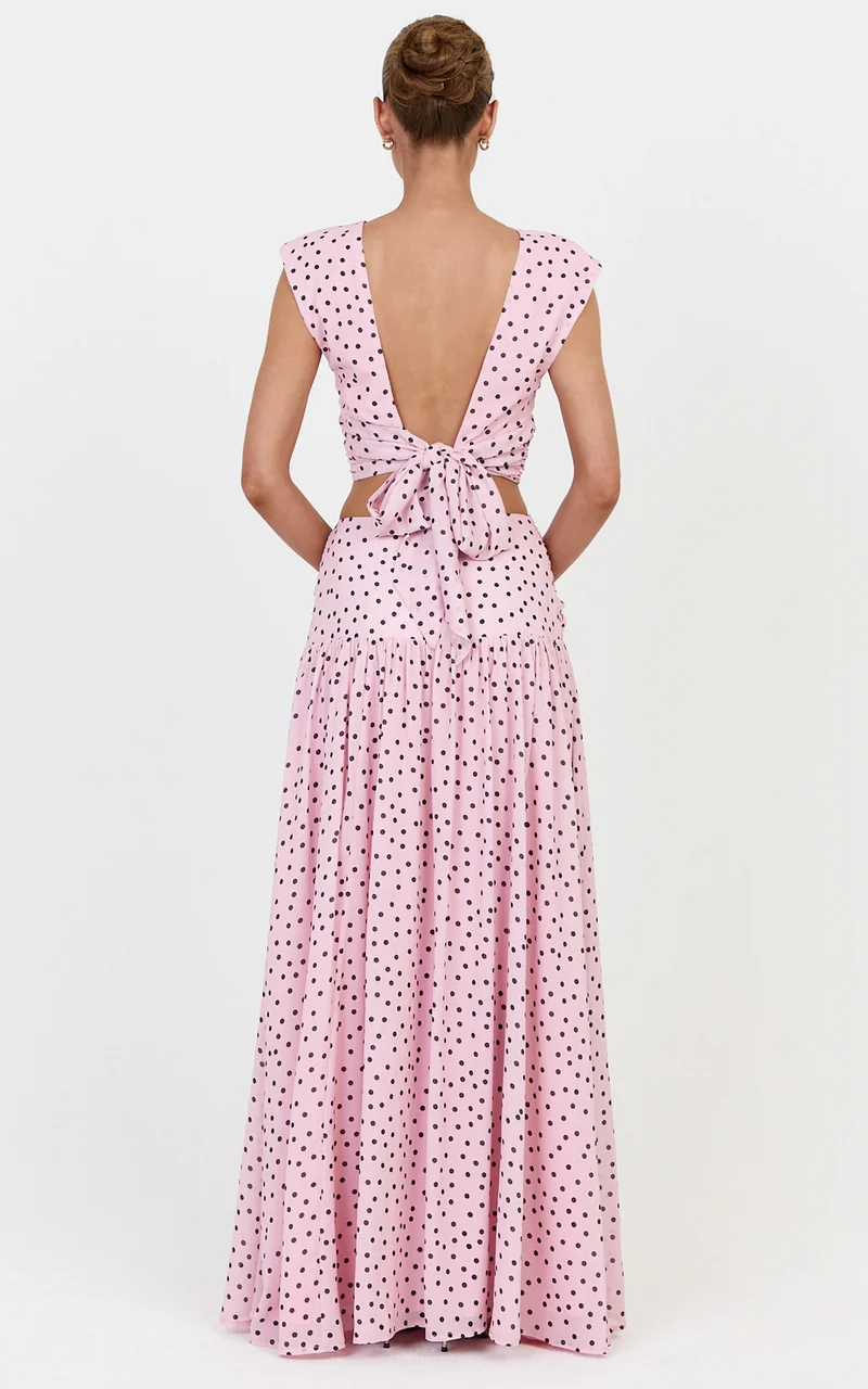 Livia Maxi Skirt - Gathered Waist Knot Detail Split Leg Skirt in Blush Scattered Polka Dot Print