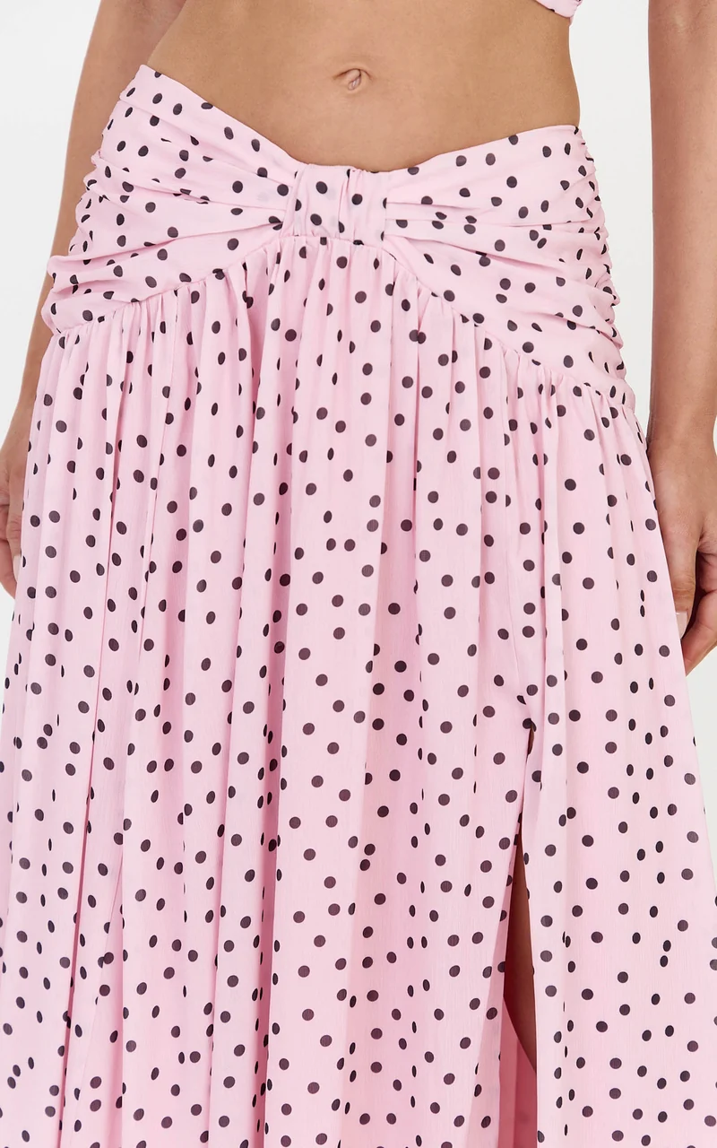 Livia Maxi Skirt - Gathered Waist Knot Detail Split Leg Skirt in Blush Scattered Polka Dot Print