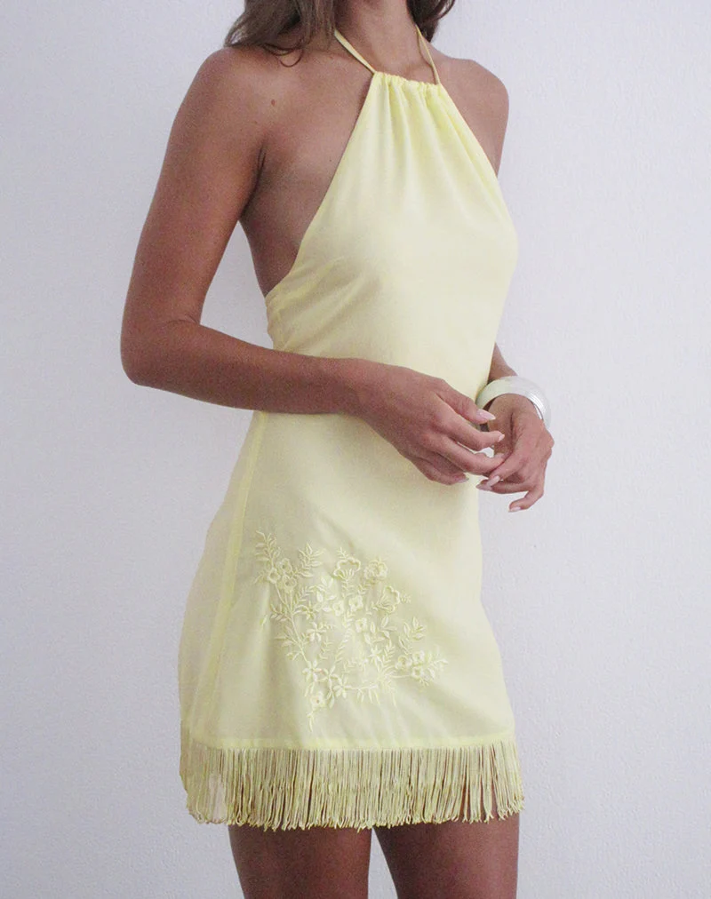 Mini-robe Brisea couleur citron avec broderie florale vintage