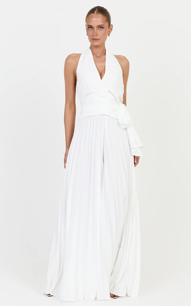 Valentina Top - Halter Neck Front Wrap Sash Detail Top in Off White