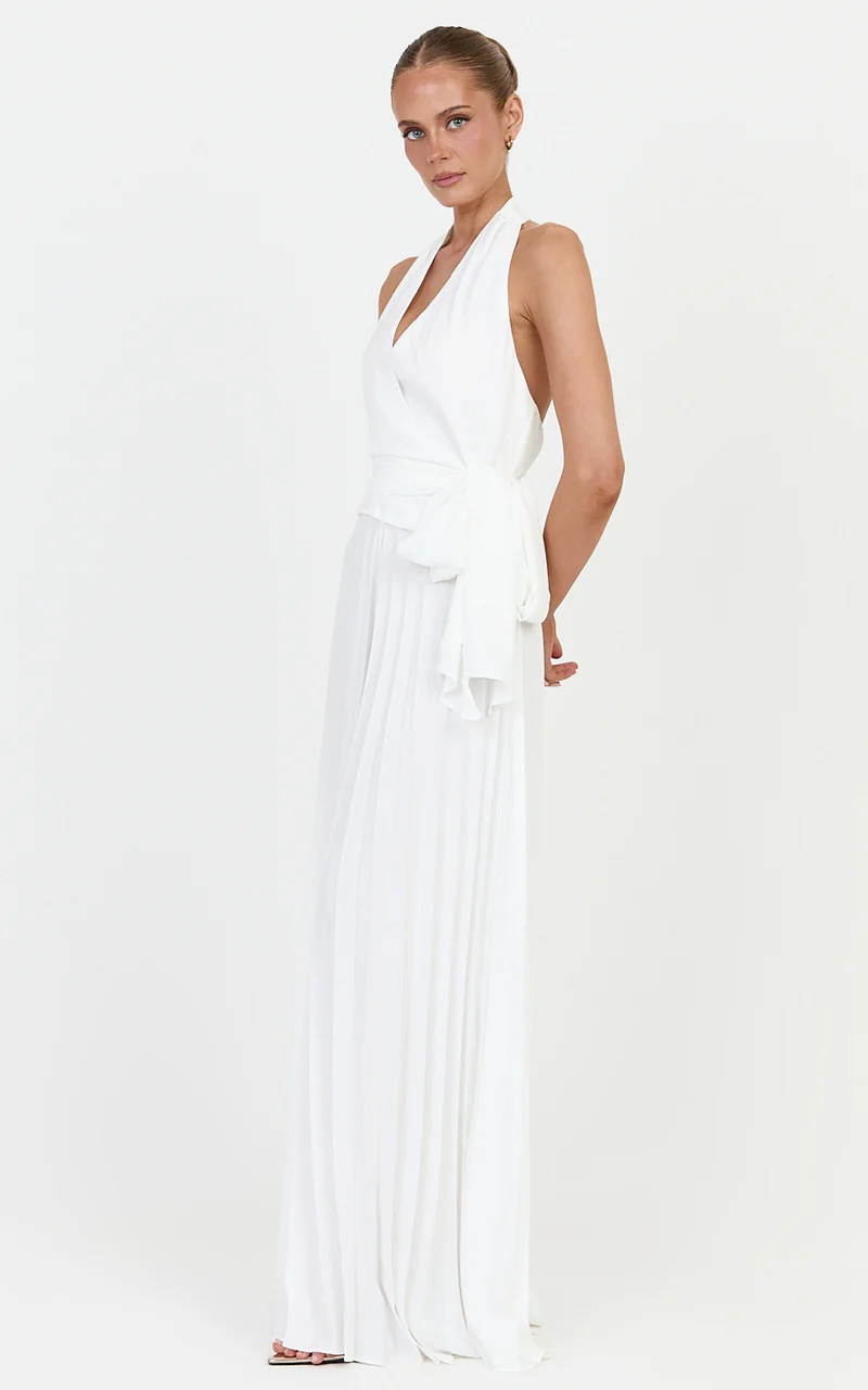 Valentina Top - Halter Neck Front Wrap Sash Detail Top in Off White