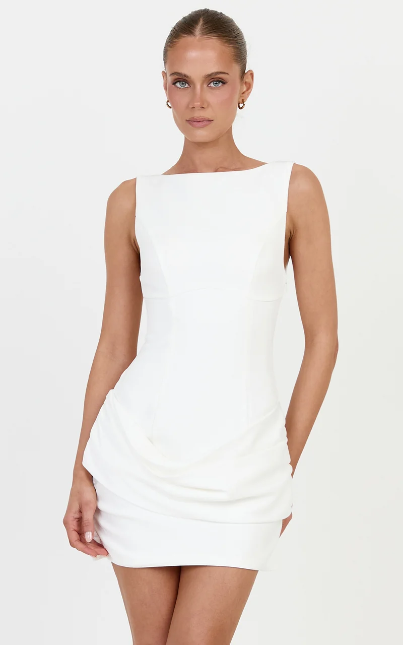 Sabrina Mini Dress - High Boat Neck Overlay Draped Skirt Dress in Off White
