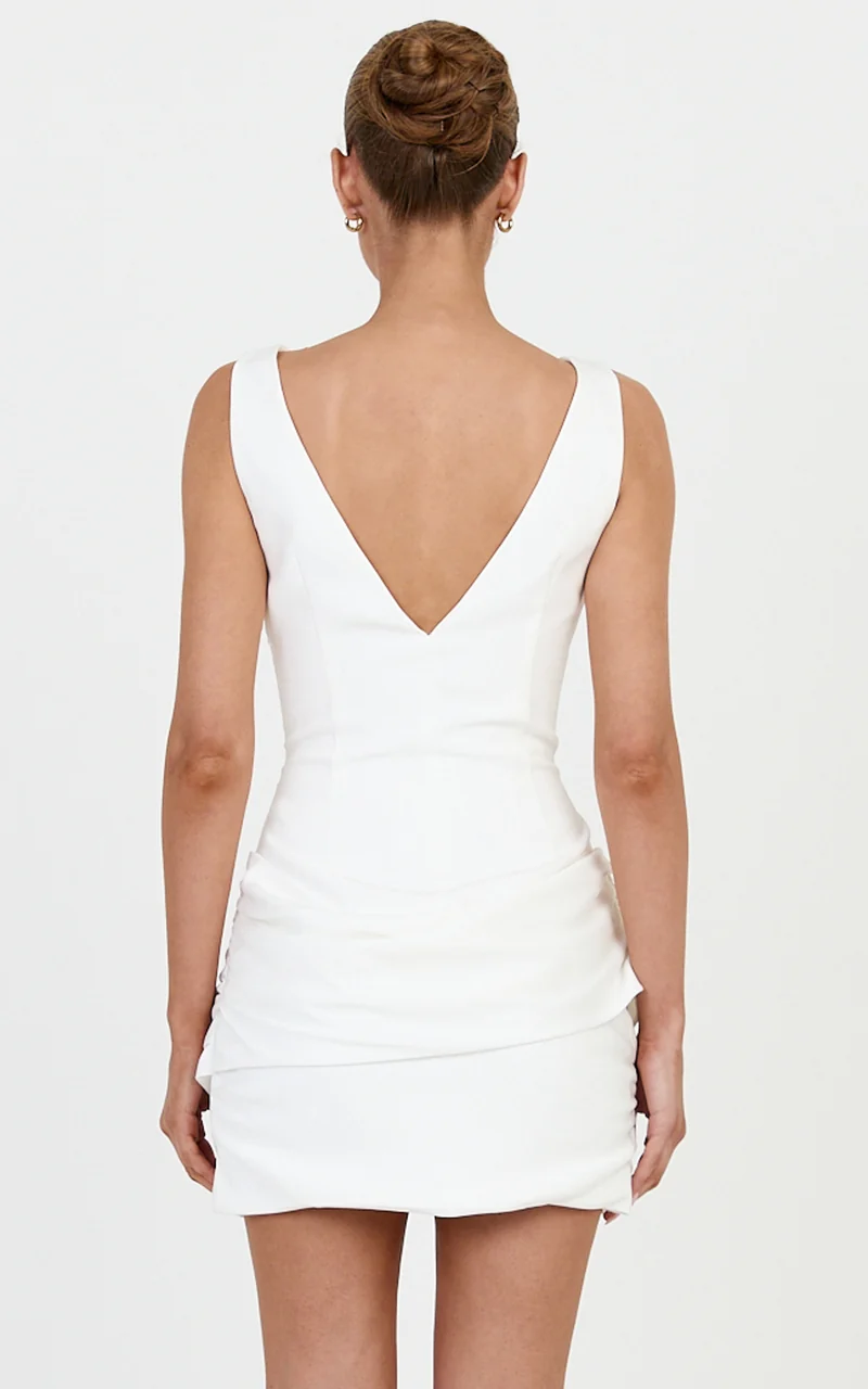 Sabrina Mini Dress - High Boat Neck Overlay Draped Skirt Dress in Off White
