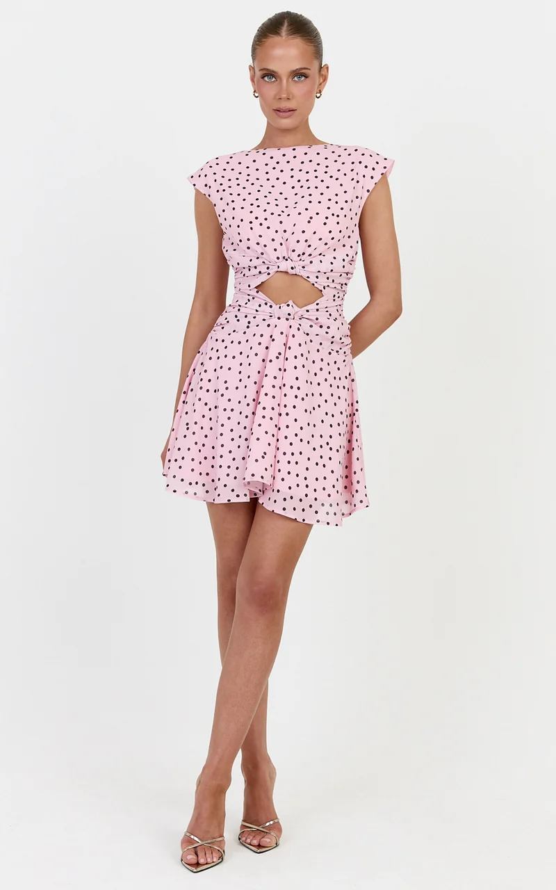 Livia Mini Dress - Cut Out Knot Detail Dress in Blush Scattered Polka Dot Print