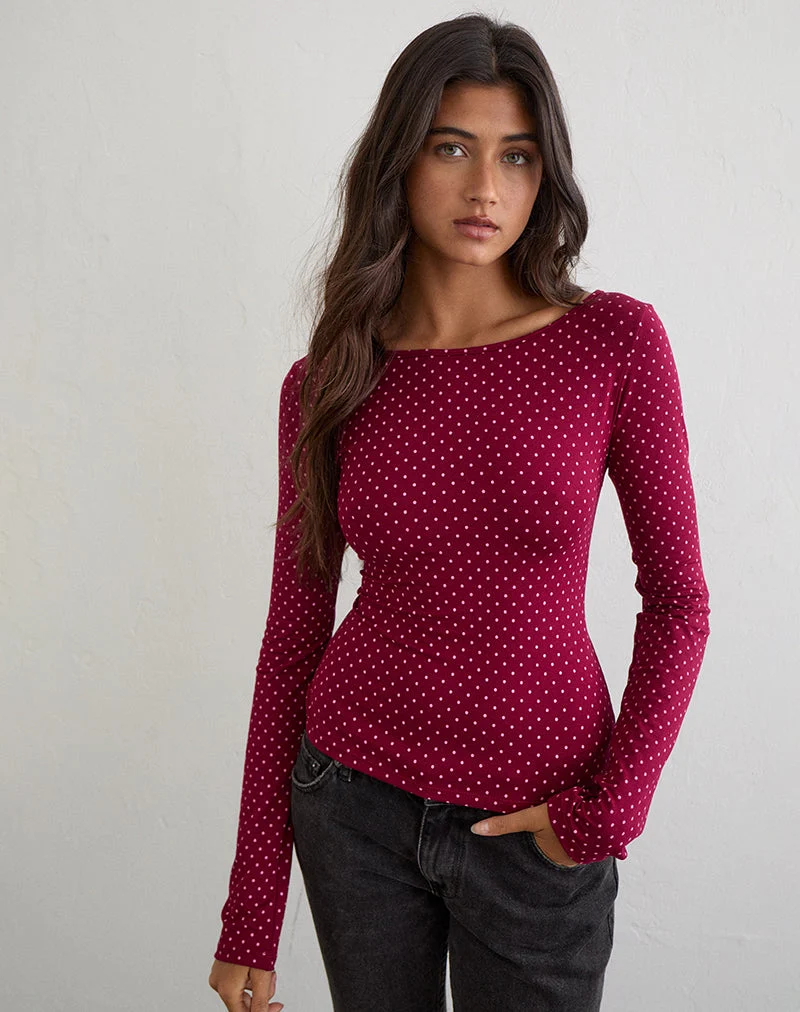 Haut Mazone couleur vin à micro-motifs à pois roses
