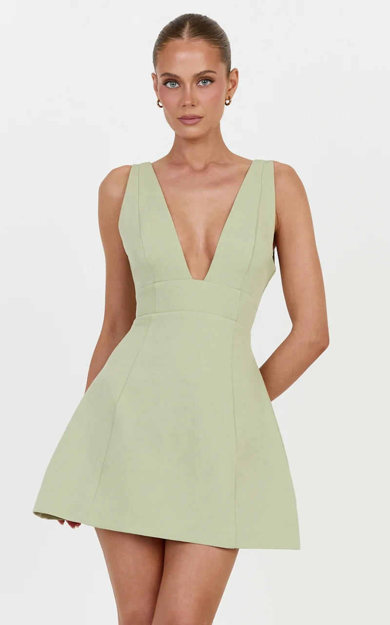 Xanthe Mini Dress - Plunge V Neck Tulip Skirt Dress in Sage