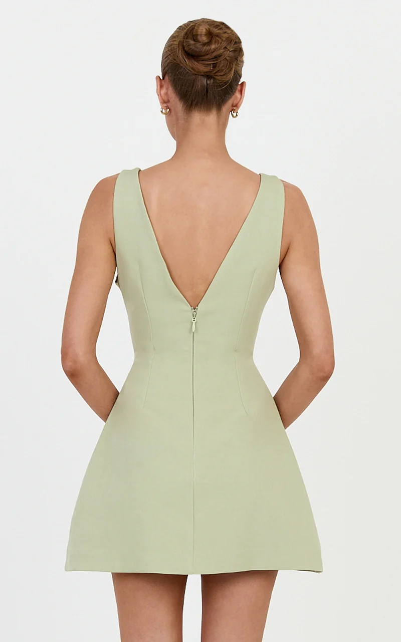 Xanthe Mini Dress - Plunge V Neck Tulip Skirt Dress in Sage