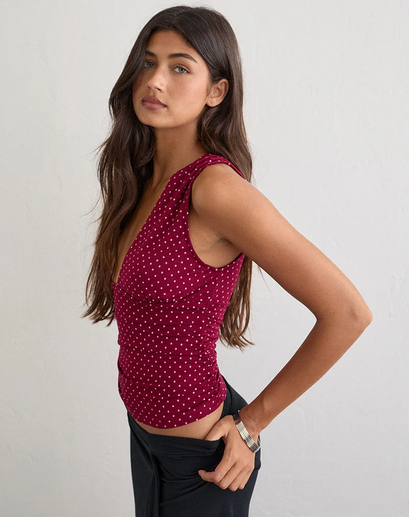 Haut plongeant Lycia, couleur vin, à micro-motifs à pois roses