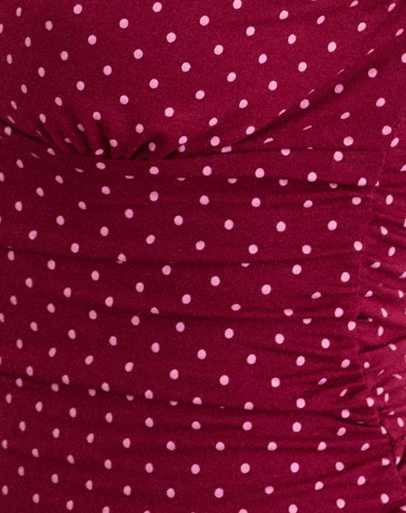 Haut plongeant Lycia, couleur vin, à micro-motifs à pois roses