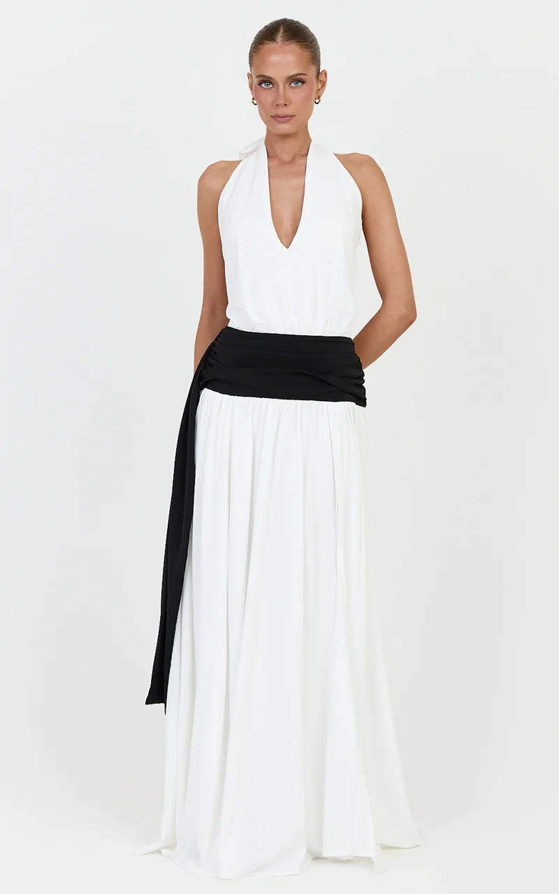 Erin Maxi Dress - Plunge Halter Neck Draped Dropped Waist Sash Dress in Cream