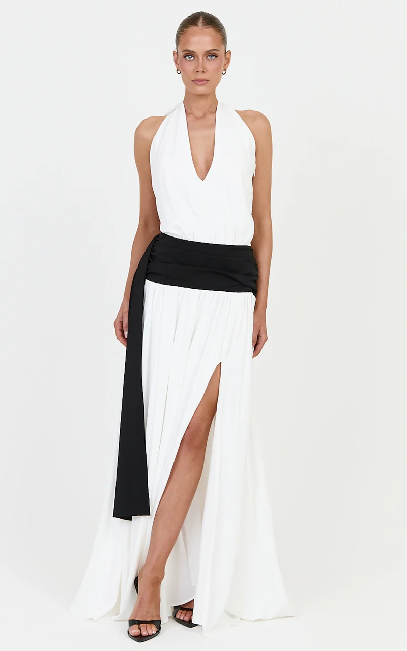 Erin Maxi Dress - Plunge Halter Neck Draped Dropped Waist Sash Dress in Cream