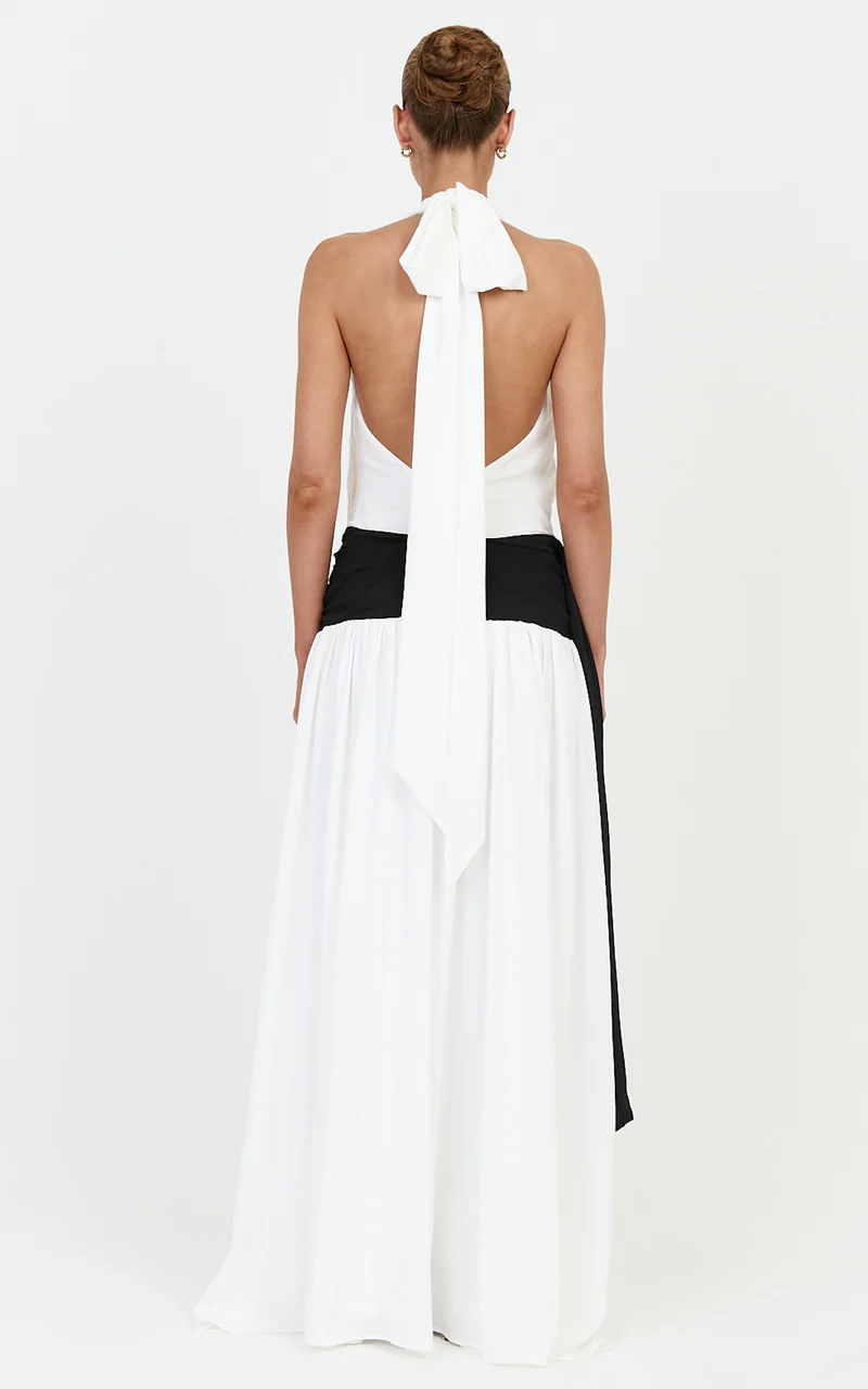 Erin Maxi Dress - Plunge Halter Neck Draped Dropped Waist Sash Dress in Cream