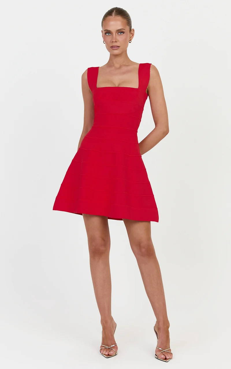 Scarlett Mini Dress - Fit and Flare Bandage Dress in Red
