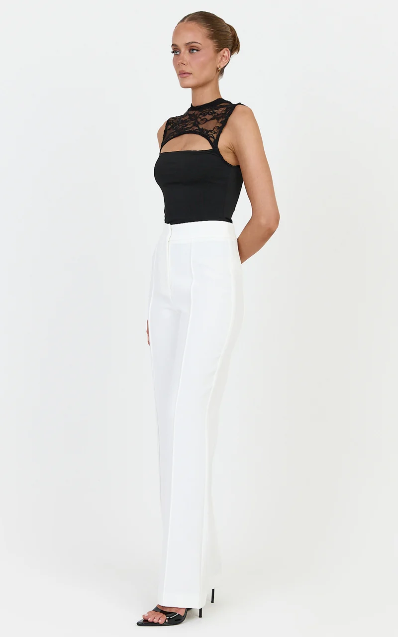 Daisy Pants - Mid Waisted Pin Tucked Bootleg Tailored Pants in Off White