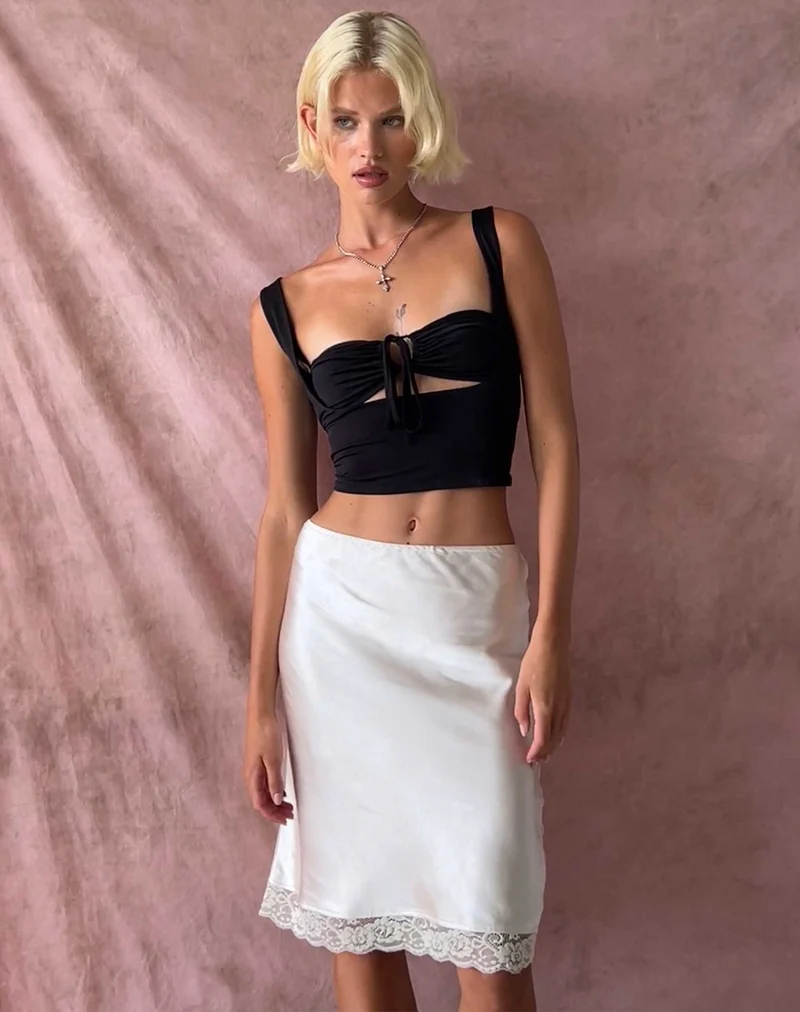 Jupe midi Resira en satin ivoire perlé avec dentelle