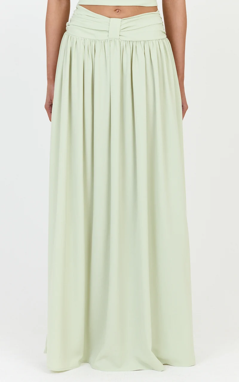 Jade Maxi Skirt - Knot Front Gathered Skirt in Pistachio