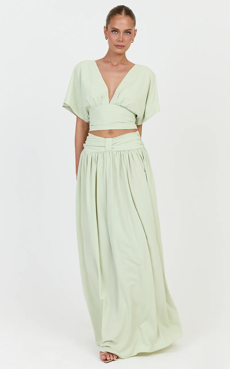 Jade Maxi Skirt - Knot Front Gathered Skirt in Pistachio