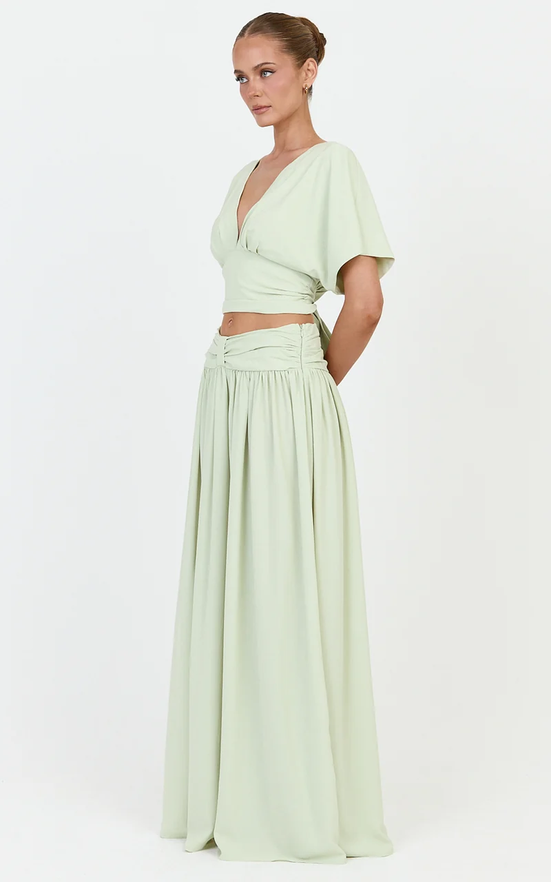 Jade Maxi Skirt - Knot Front Gathered Skirt in Pistachio