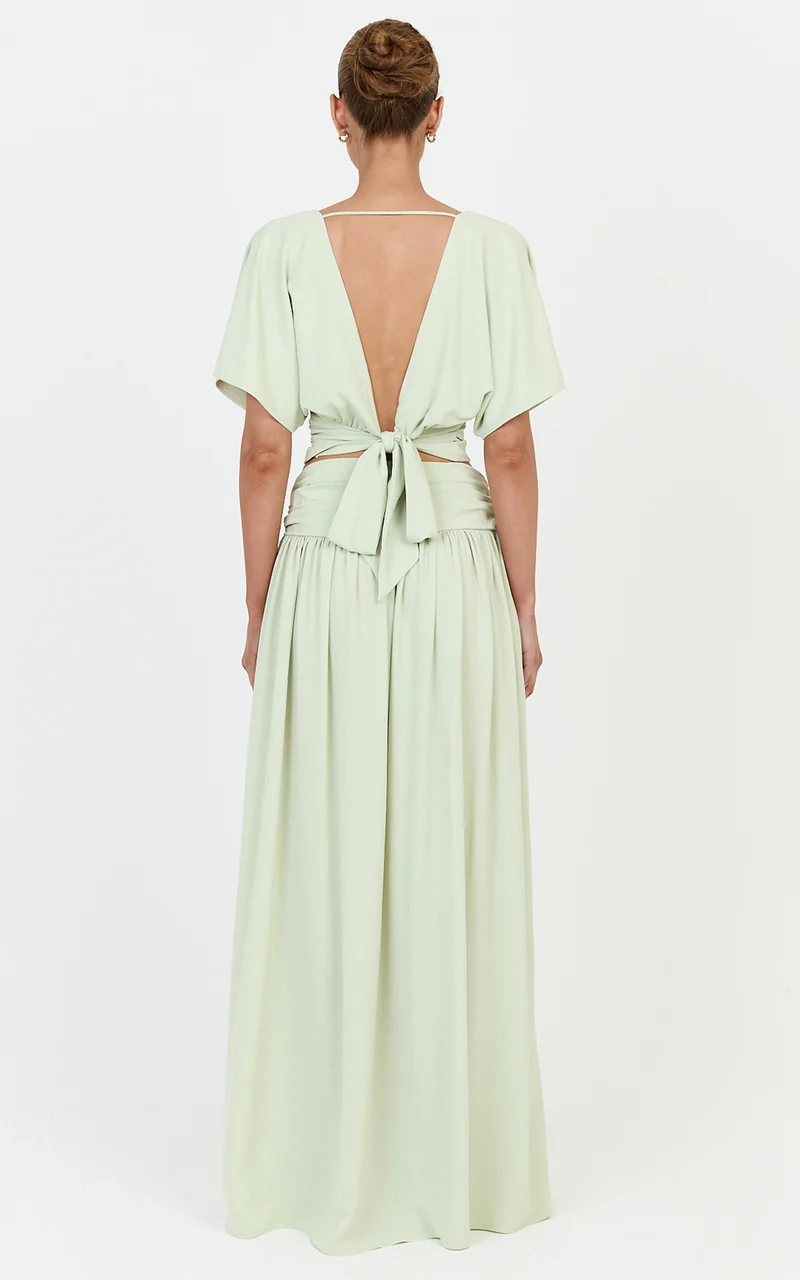 Jade Maxi Skirt - Knot Front Gathered Skirt in Pistachio