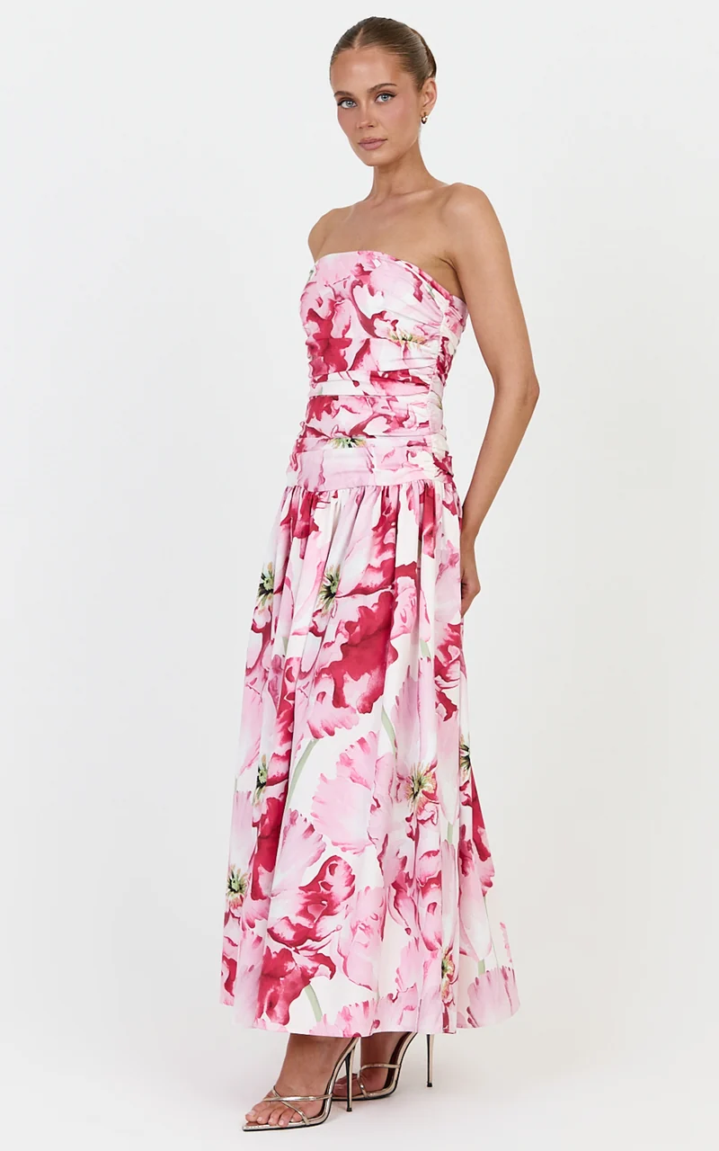 Isadora Midi Dress - Strapless Ruched Front Fit And Flare Dress in Poppy On White Print