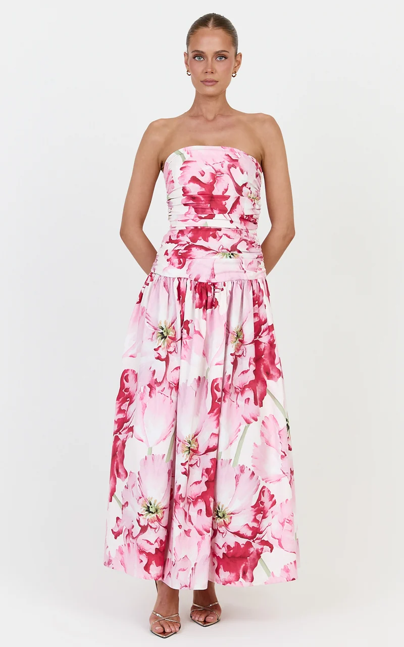 Isadora Midi Dress - Strapless Ruched Front Fit And Flare Dress in Poppy On White Print