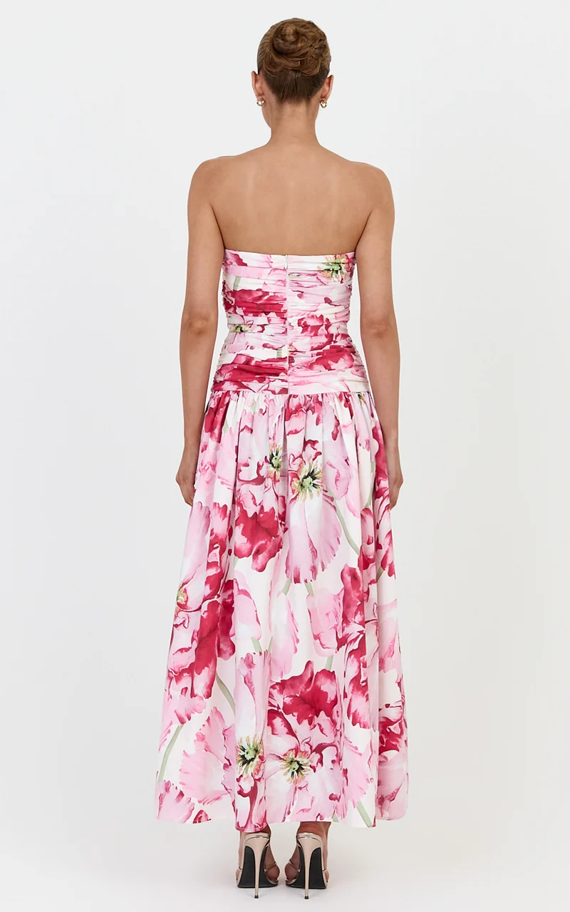 Isadora Midi Dress - Strapless Ruched Front Fit And Flare Dress in Poppy On White Print