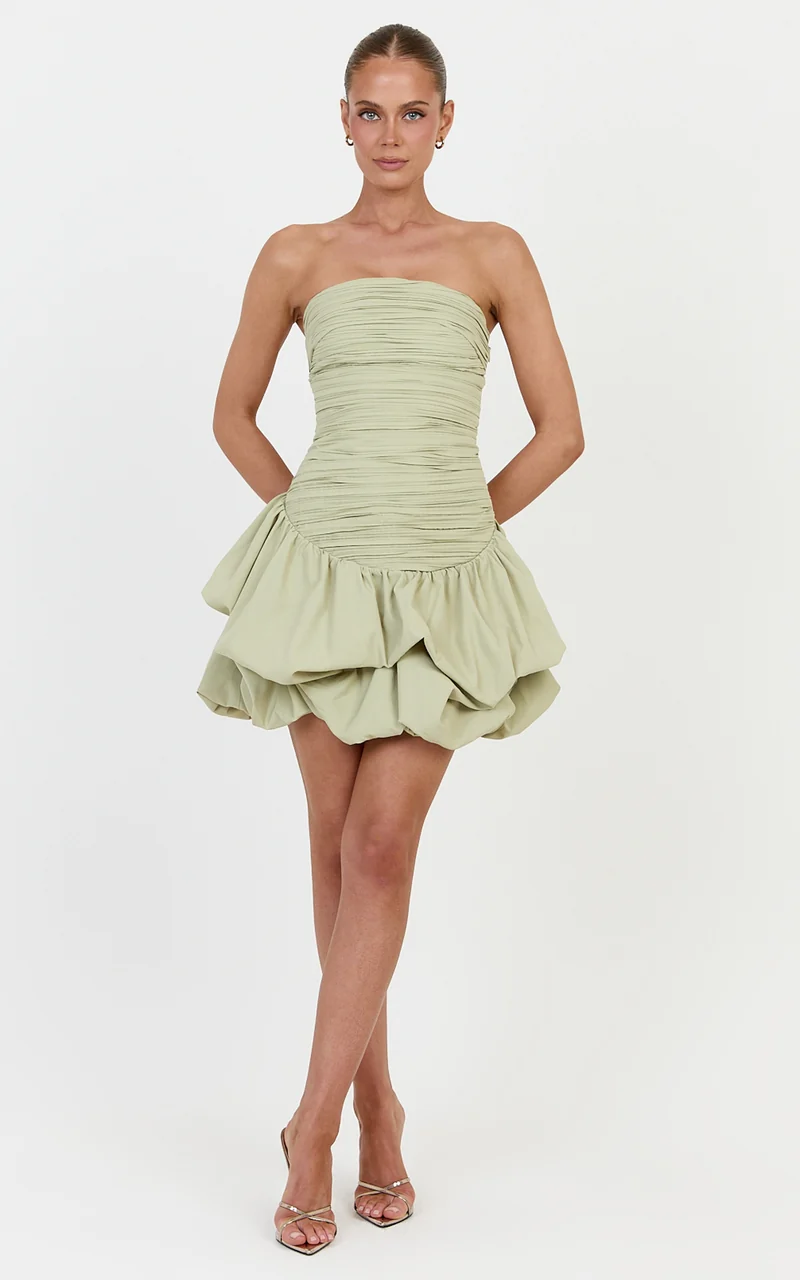 Esme Mini Dress - Strapless Gathered Bodice Bubble Hem Dropped Wasit Dress in Pistachio