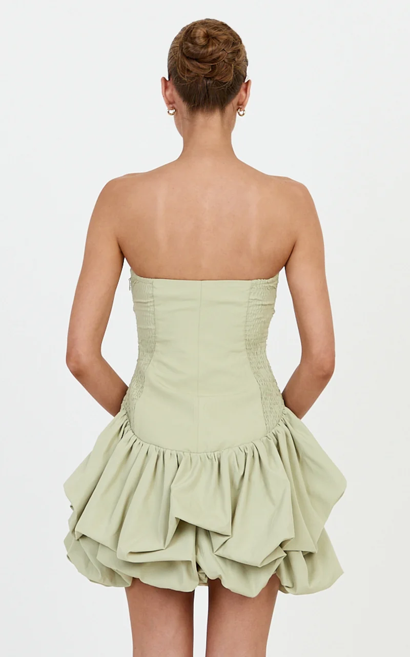 Esme Mini Dress - Strapless Gathered Bodice Bubble Hem Dropped Wasit Dress in Pistachio