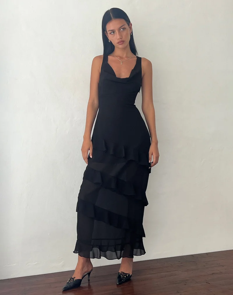 Otna - Robe longue en mousseline à volants - Noir