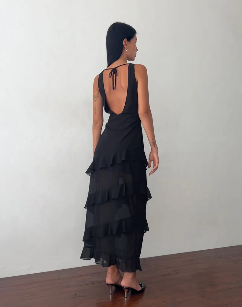 Otna - Robe longue en mousseline à volants - Noir