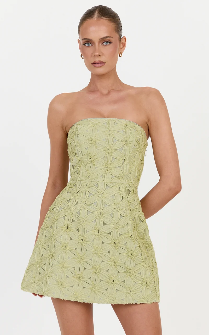 Nina Mini Dress - Strapless 3D Floral A Line Dress in Green