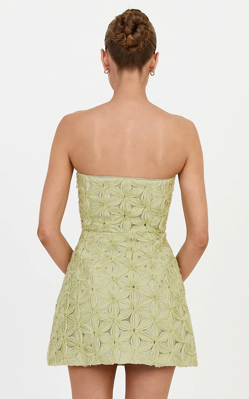 Nina Mini Dress - Strapless 3D Floral A Line Dress in Green