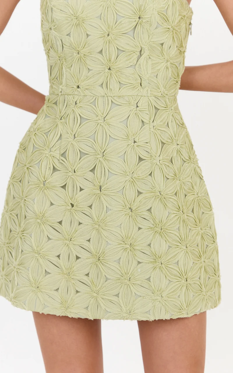 Nina Mini Dress - Strapless 3D Floral A Line Dress in Green