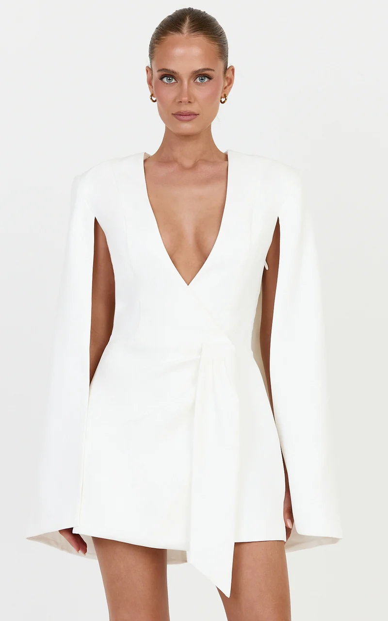 Sabrina Mini Dress - Cape Detail Wrap Skirt Dress in Off White