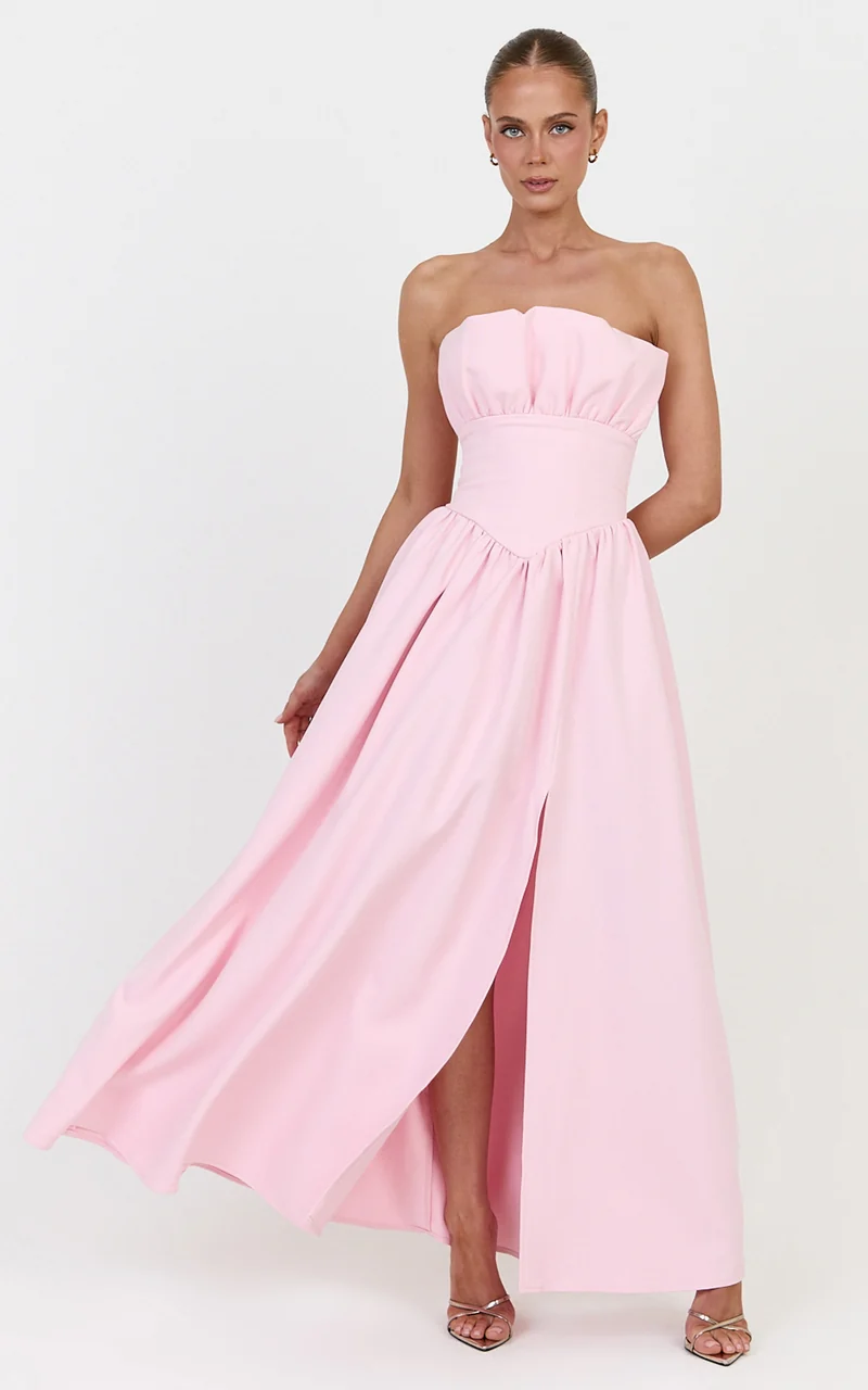 Juno Maxi Dress - Strapless Structured Ruffle Fit And Flare Dress in Ice Baby Pink