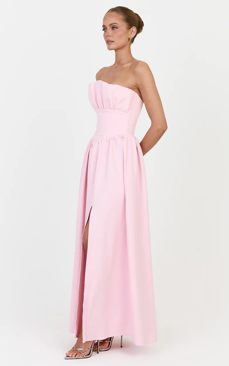Juno Maxi Dress - Strapless Structured Ruffle Fit And Flare Dress in Ice Baby Pink