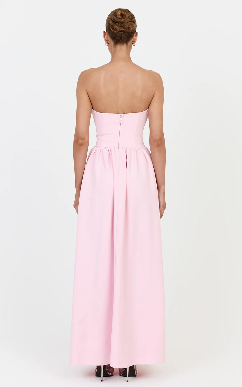 Juno Maxi Dress - Strapless Structured Ruffle Fit And Flare Dress in Ice Baby Pink