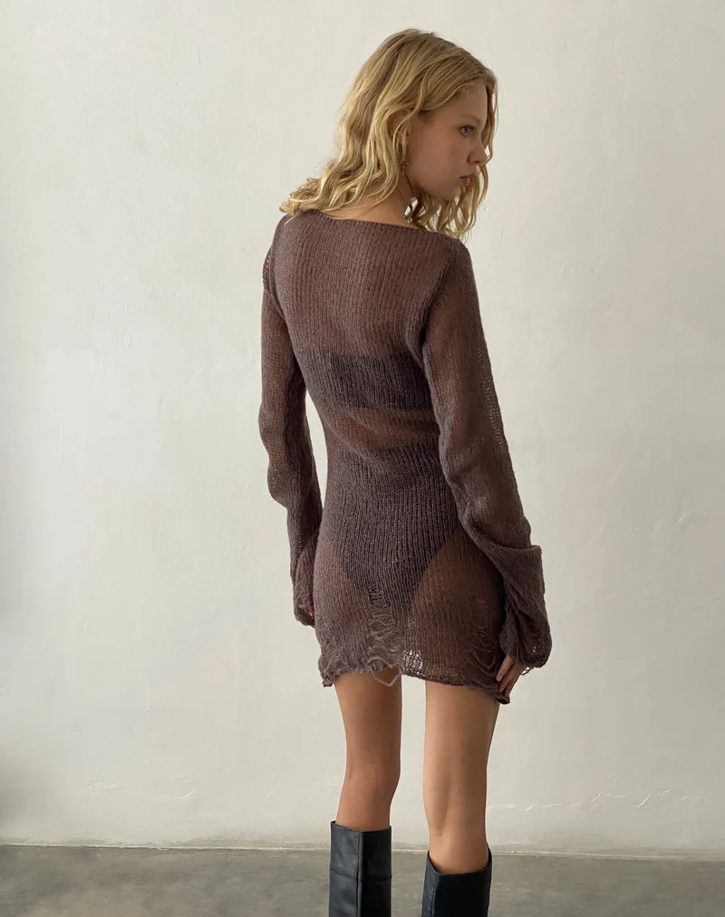 Harper Distressed Knitted Mini Dress, Maroon