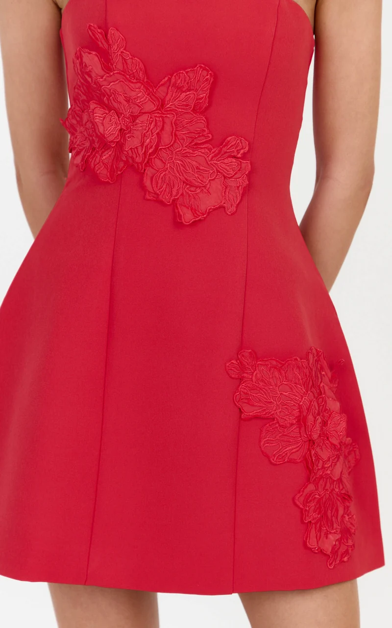 Moana Mini Dress - Strapless Floral Embellished Structured Dress in Red