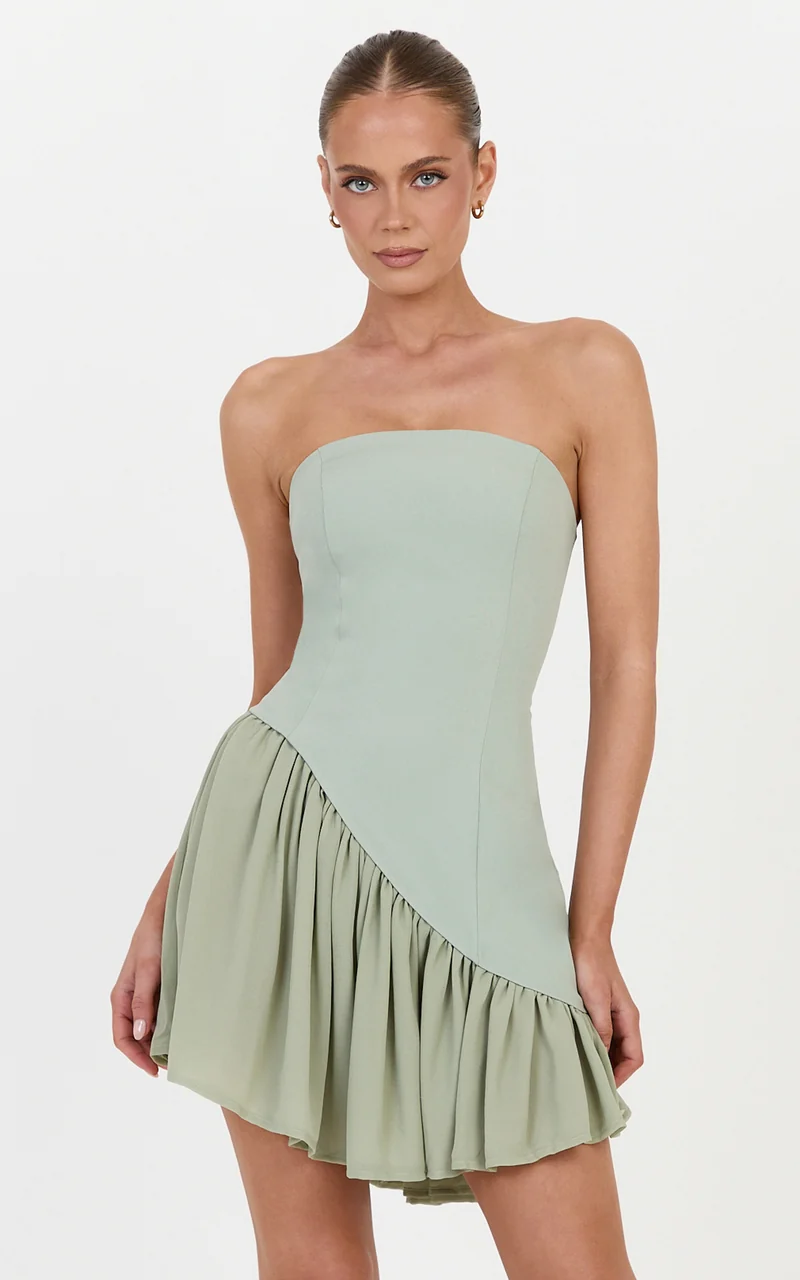 Calla Mini Dress - Strapless Gathered Asymmetric Dropped Waist Dress in Sage